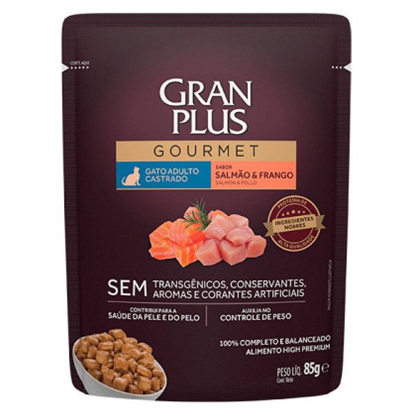 Sachê GranPlus Gourmet Gato Adulto Castrado Sabor Salmão e Frango 85g - Ração Úmida