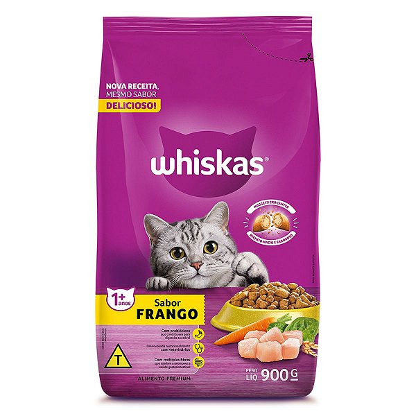 Ração Seca Whiskas Gatos Adultos +1 Ano Sabor Frango 900g - Alimento Premium