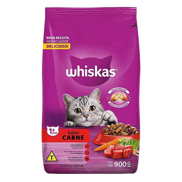 Ração Seca Whiskas Gatos Adultos +1 Ano Sabor Carne 900g - Alimento Premium