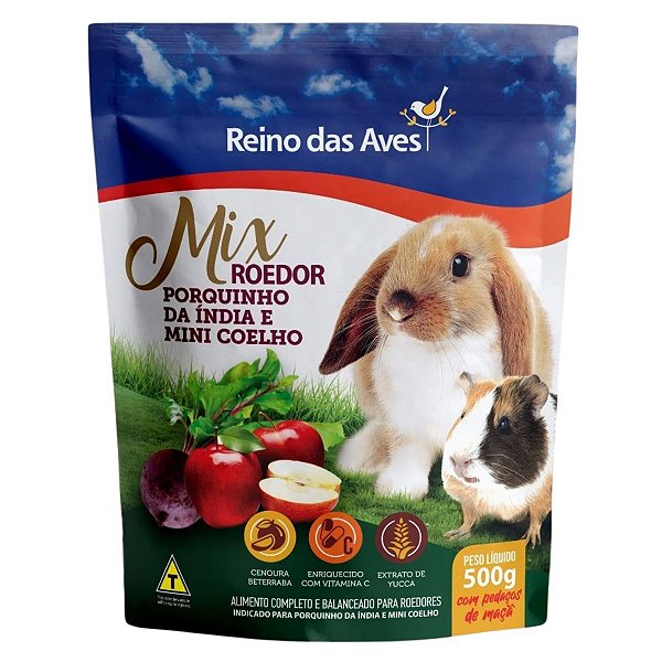 Ração Mix Roedor Porquinho da Índia e Mini Coelho  500g - Alimento Completo e Balanceado - Reino das Aves