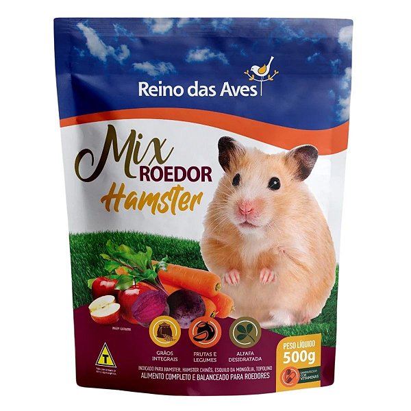 Ração Mix Roedor Hamster Esquilo-Da-Mongólia e Topolino 500g - Alimento Completo e Balanceado - Reino das Aves