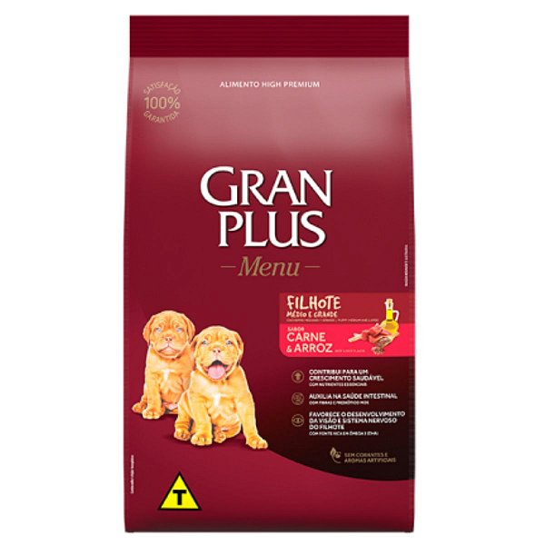 Ração GranPlus Menu Cães Filhotes Portes Médio e Grande Sabor Carne e Arroz