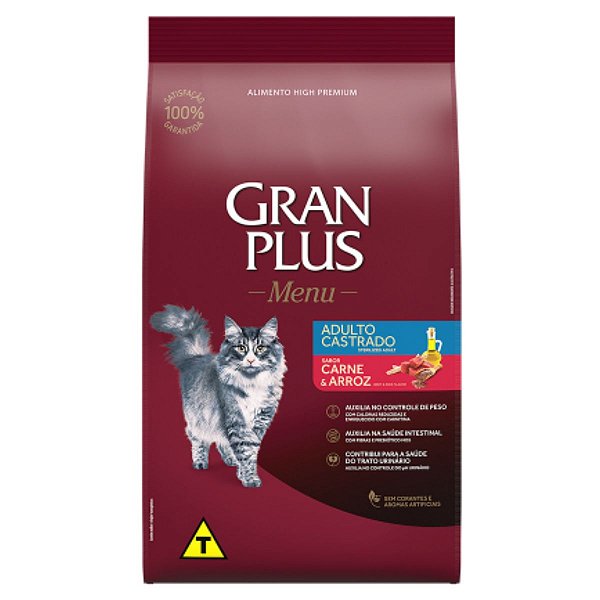 Ração GranPlus Menu Gato Adulto Castrado Sabor Carne e Arroz 10,1 Kg