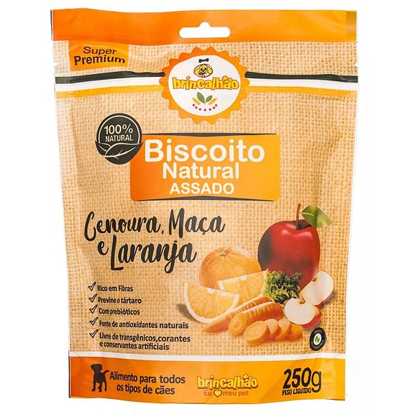 Biscoito Natural Assado Sabor Cenoura, Maça e Laranja Brincalhão 250g - Petisco Para Cachorro 100% Natural Formato Osso