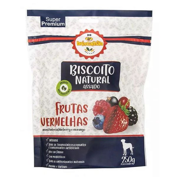 Biscoito Natural Assado Sabor Frutas Vermelhas Brincalhão 250g - Petisco Para Cachorro Super Premium Formato Osso