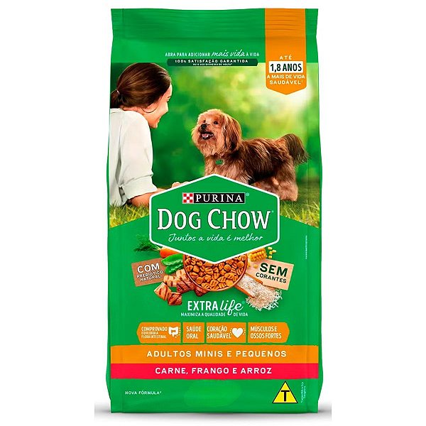 Ração Purina Dog Chow Extra Life- Cães Adultos Portes Minis e Pequenos - Sabor Carne, Frango e Arroz