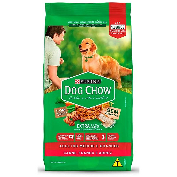 Ração Purina Dog Chow Extra Life- Cães Adultos Portes Médios e Grandes - Sabor Carne, Frango e Arroz
