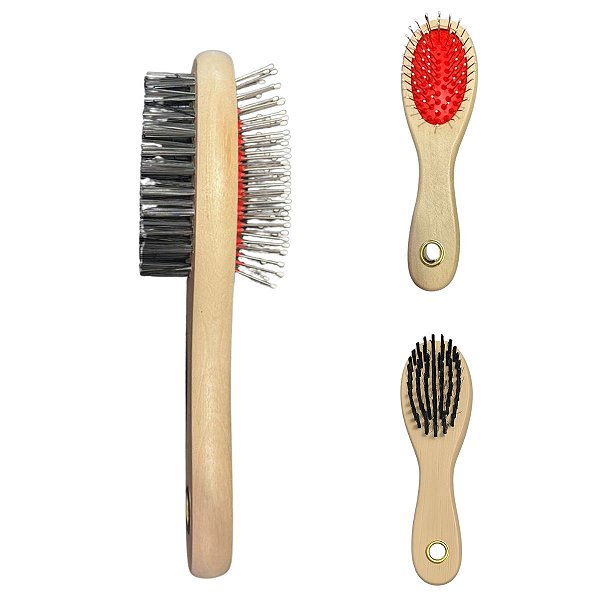 Escova Dupla Para Pelos Pequena Cabo Madeira 17,5cm - Cães e Gatos - Pentear, Limpeza e Remoção de Pelos