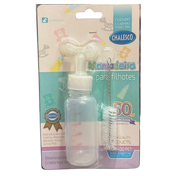 Kit Mamadeira Para Filhotes 50ml com 3 Bicos Silicones e Escova Limpadora - Chalesco