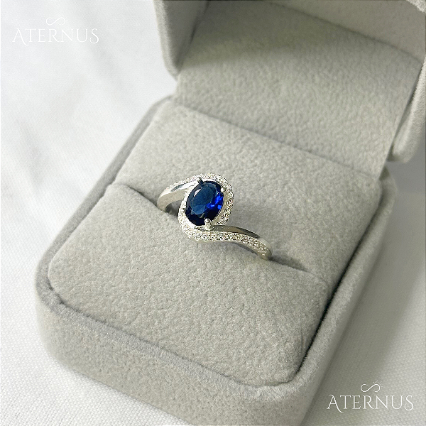 Anel Zircônia Oval Azul - Prata 925