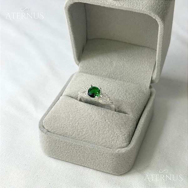 Anel Zircônia Redonda Verde - Prata 925