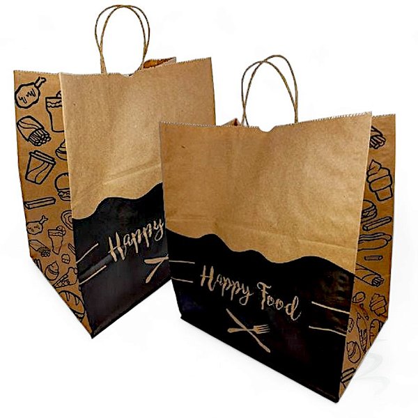 100 Sacolas Kraft Alça Torcida Delivery 30x31x19 (HAPPY FOOD)