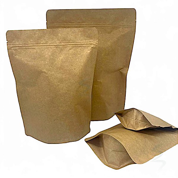 Kit c/ 100 Sacos Kraft Stand Up Pouch Zip Kraft Com Alumínio Interno 14x19x7