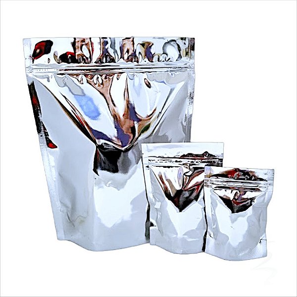 Kit 100 Sacos Laminados Metalizados Prata Stand Up Pouch 1900 ml (20x27 cm) com Fecho Zip - Ideal para Alimentos
