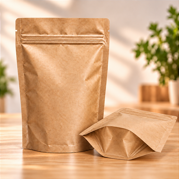 Kit 100 Sacos Stand Up Pouch Kraft com Alumínio Interno 1900ml 20,5x27,5x10cm com Zíper