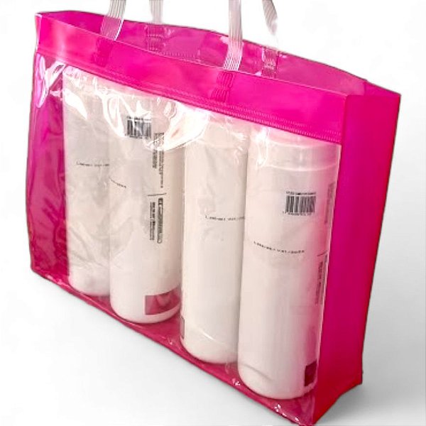 10 Sacolas De Pvc Transparente Cristal Bolsa Praia 39x29,5x8 Detalhe Rosa