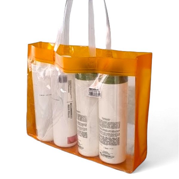 50 Sacolas De Pvc Transparente Cristal Bolsa Praia 39x29,5x8 Detalhe Laranja