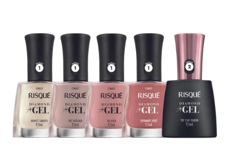 Kit Esmaltes Risqué Diamond Gel Degradê Nude Rosado Gel Top Coat Fixador