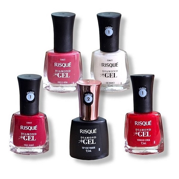 Risque Diamond Gel - Kit com 5 unid (Top Coat + Vermelho Cereja + Branco + Vinho + Hibisco Rosa)