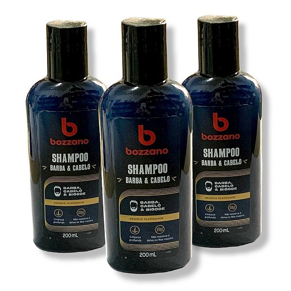 Kit 3x Shampoo 3 em 1 Bozzano para Cabelo, Barba e Bigode 200ml - Limpeza Profunda e Maciez Diária