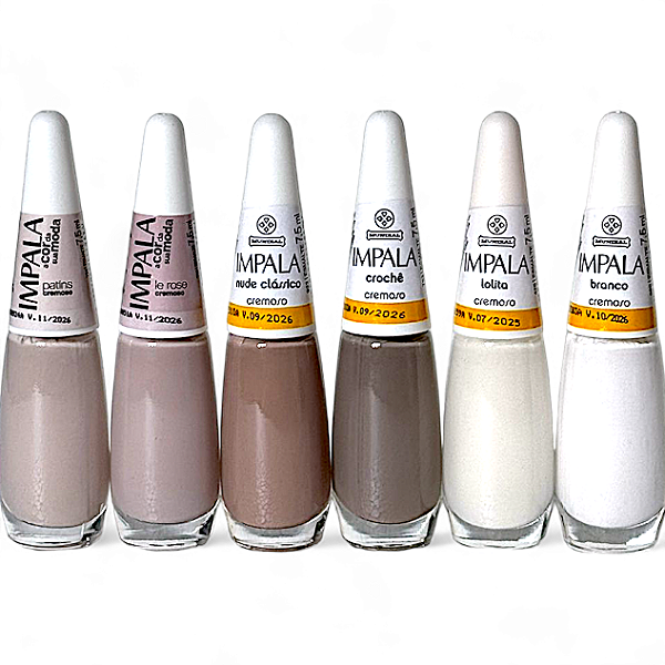 Kit 6 Esmaltes De Unha Nudes Mais Vendidos Impala Manicure  - BRANCO, LOLLITA, PATINS,LE ROSE, NUDE CLASSICO, CROCHE