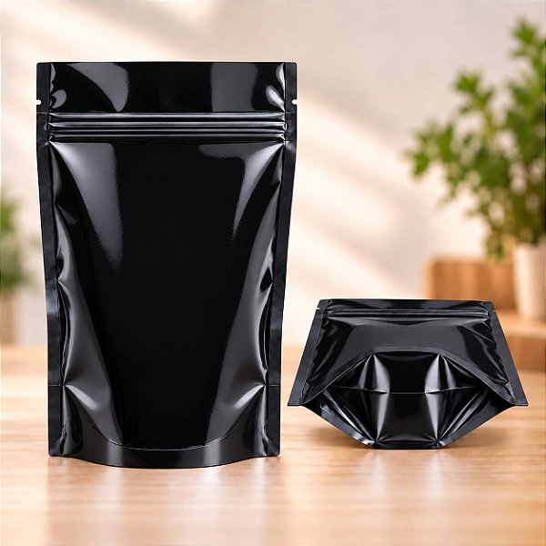 Kit 50 Sacos Stand Up Pouch Preto Metalizado 1100ml 17x23,5x8cm com Zíper