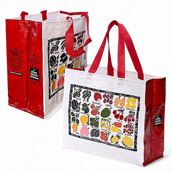 Ecobags Sacolas de Ráfia Reutilizáveis 40x35x18 Kit c/ 10 Unidades - Capacidade 15Kg Estampa Frutas Brasileiras