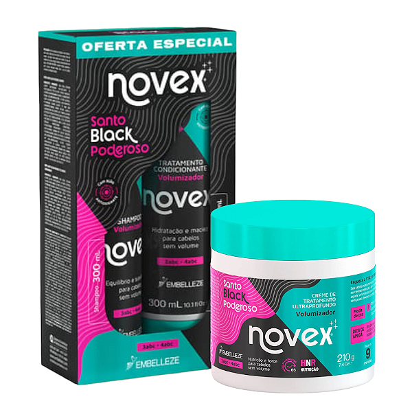 Kit Novex Shampo + Condicionador + Máscara Meus Cachos Santo Black Poderoso 210g