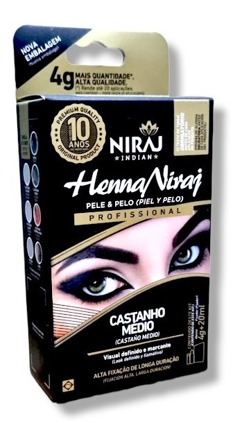 Henna Niraj Designer Sobrancelhas Castanho Médio para Pele e Pelos - Kit Completo de 4g + 20ml para Definição e Fixação