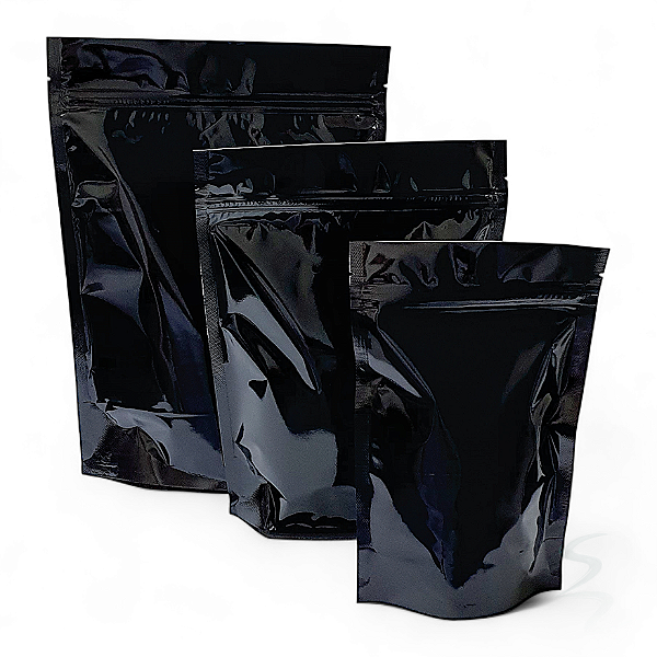 Kit 100 Embalagens Sacos Stand Up Pouch Preto Metalizado Brilhante com Fecho Zíper 20x27 - 1900ml - Funcional e Moderna