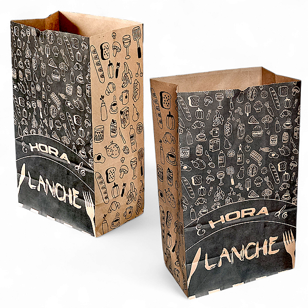 Kit com 50 Sacos de Papel Kraft 23x39x14 cm para Delivery - 'Hora do Lanche'