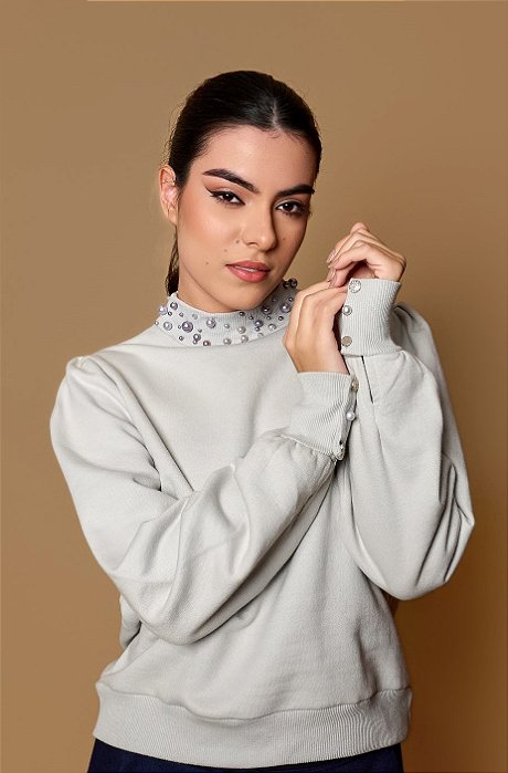 BLUSA DE MOLETOM BORDADA - CINZA