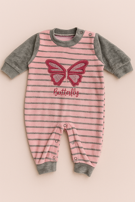 Macacão Plush Bebê Bordado Borboleta