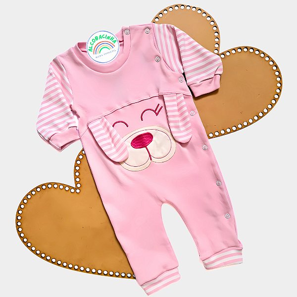 Macacão Bebê Bordado Cachorrinho 100% Algodão Rosa