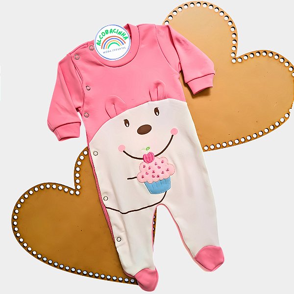 Macacão Bebê Menina Bordado CupCake 100% Algodão