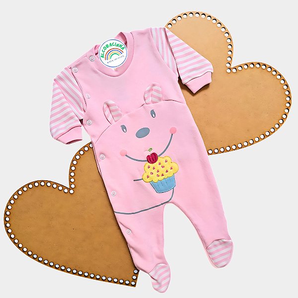 Macacão Bebê Menina Bordado 100% Algodão Cup Cake Rosa