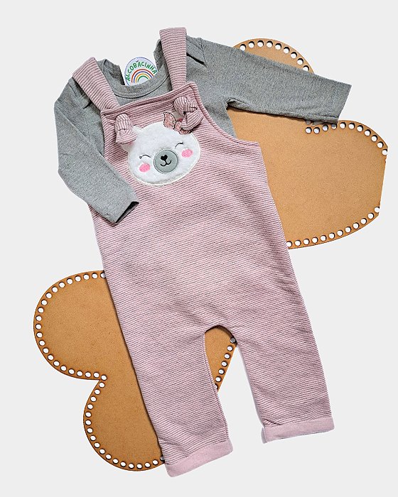 Jardineira com Body Manga Longa Ursinha