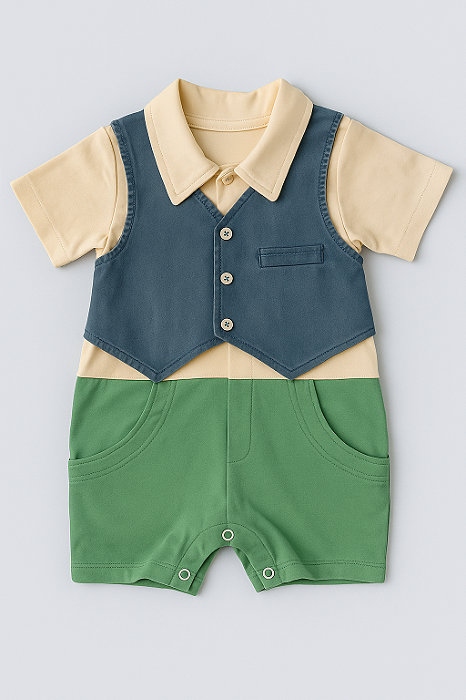 Macacão Curto Bebê Menino Coletinho Jeans 100% Algodão Verde