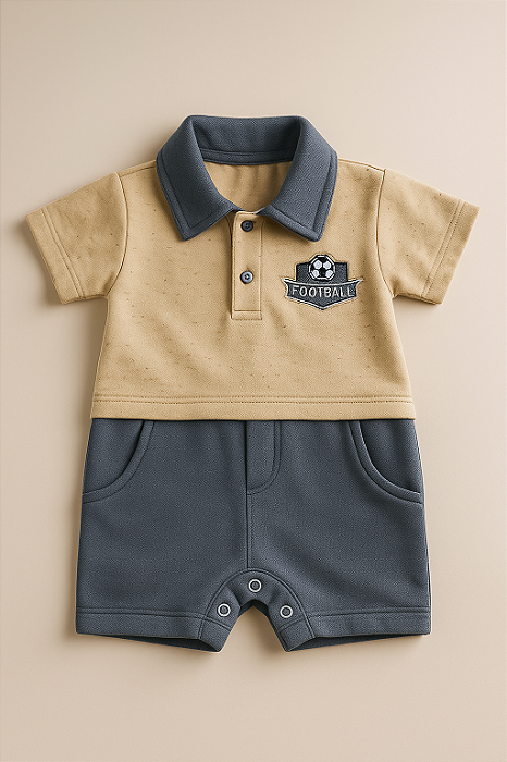 Macacão Curto Bebê Menino Mauricinho 100% Algodão Bege e Azul