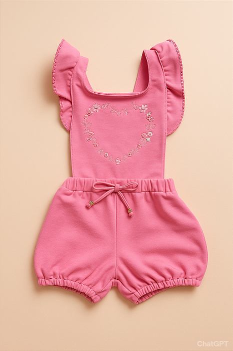 Macacão Curto Bebê Menina Bordado Amor Perfeito Rosa