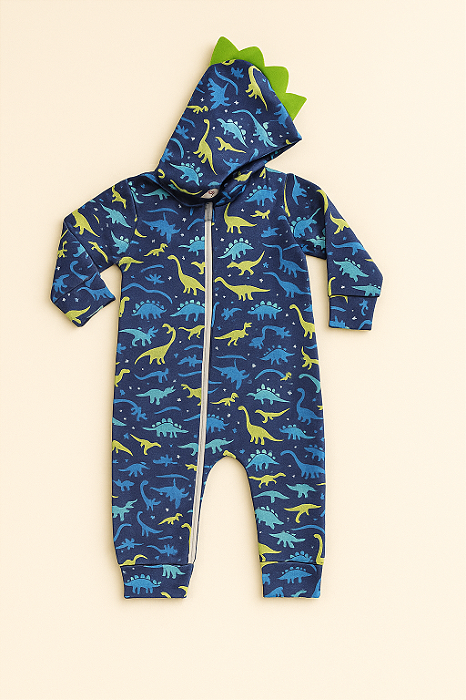 Macacão em Moletom Flanelado Dinossauro com Capuz Azul Marinho