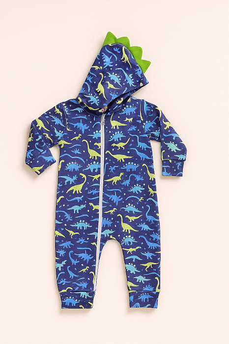 Macacão em Moletom Flanelado Dinossauro com Capuz