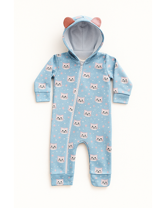 Macacão em Moletom Flanelado Gatinha com Capuz e Orelhinha Azul