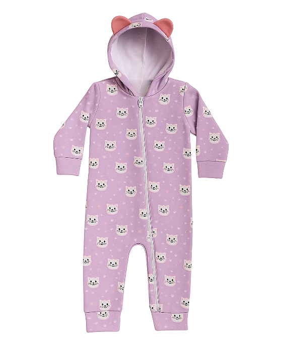 Macacão em Moletom Flanelado Gatinha com Capuz e Orelhinha Lilás