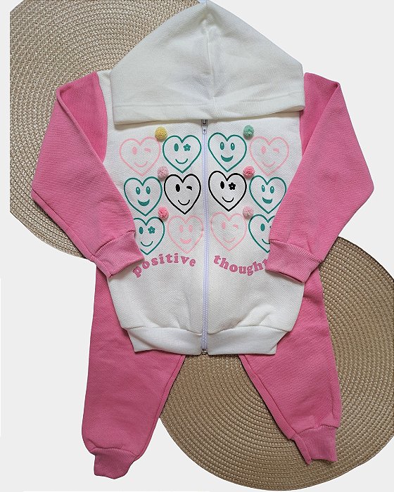 Conjunto Infantil Moletom Peluciado com Capuz Corações Rosa