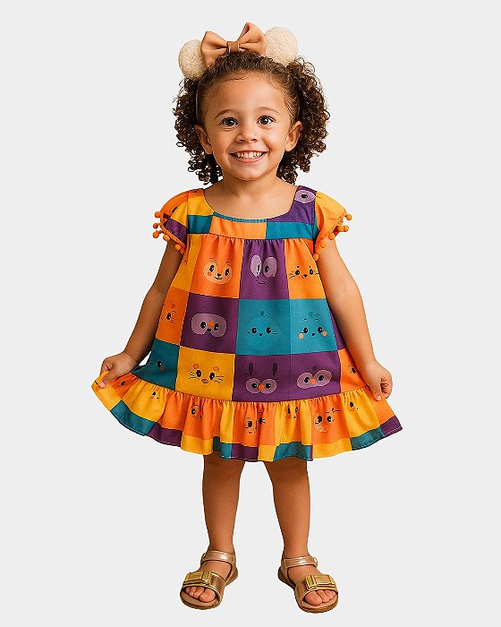 Vestido Infantil Com Pompom Nas Mangas Bichinhos 2 a 3 anos