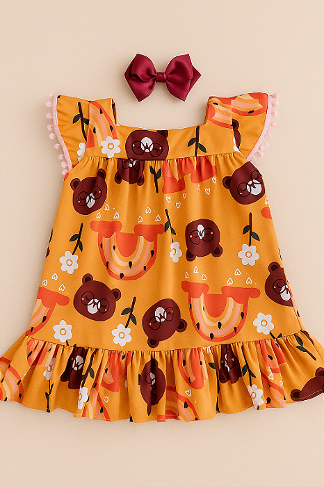 Vestido Infantil Com Pompom Nas Mangas Ursinhos 4 a 5 anos