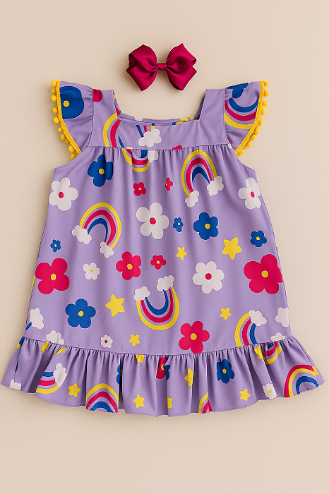 Vestido Infantil Com Pompom Nas Mangas - Lilás 6 a 8 anos