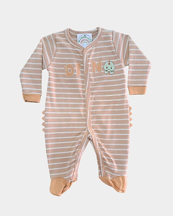 Macacão Bebê Canelado 100% algodão Dinossauro Bege