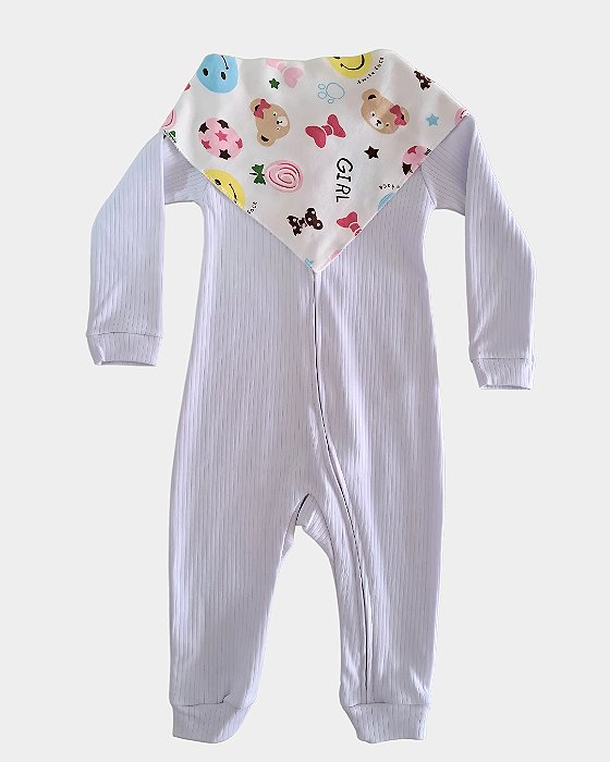 Macacão Bebê 100% Algodão Branco com Bandana (Ursinha)